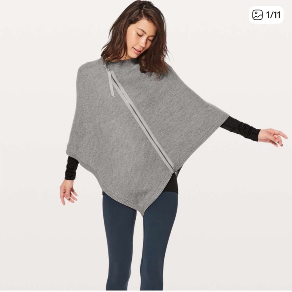 Gray Knit Poncho with Zipper Detail